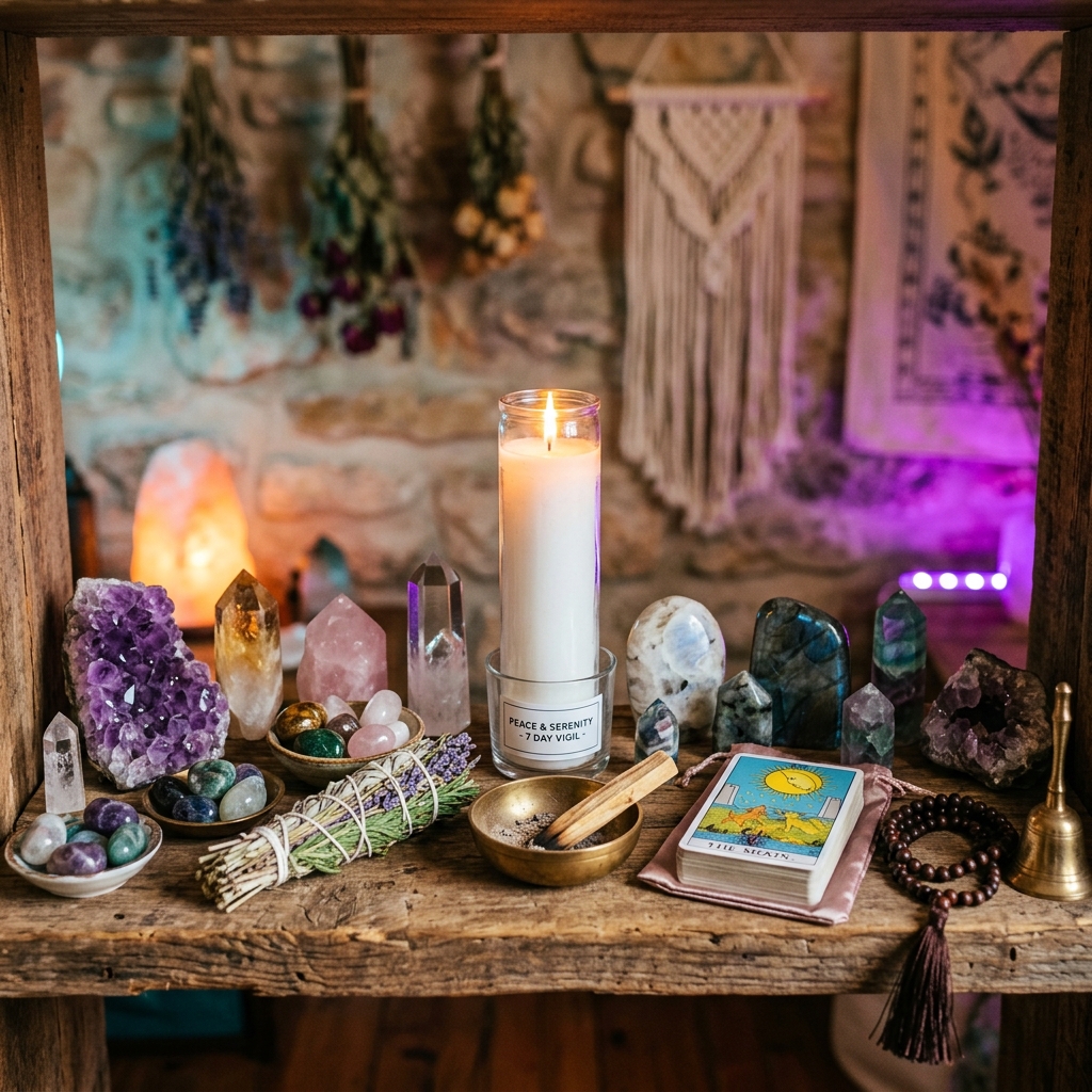 Interior acolhedor do Cantinho Sagrado no Tucuruvi com cristais, velas e imagens sagradas